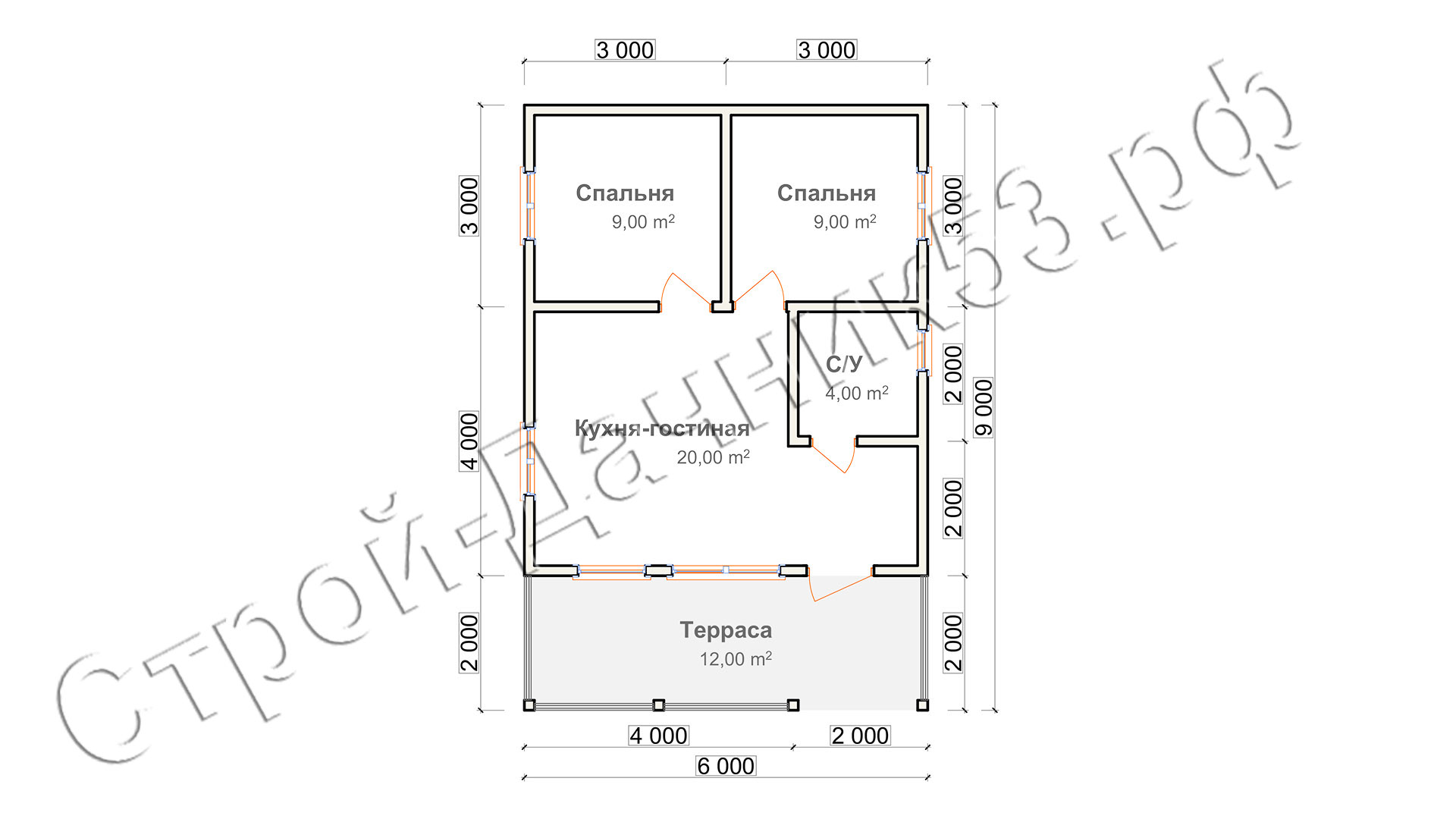 Проект каркасно-щитового дома Д–24, план 1-го этажа